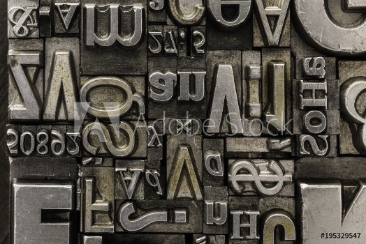 Picture of Metal Letterpress TypesA background from many historical typography letters in black and white with white background